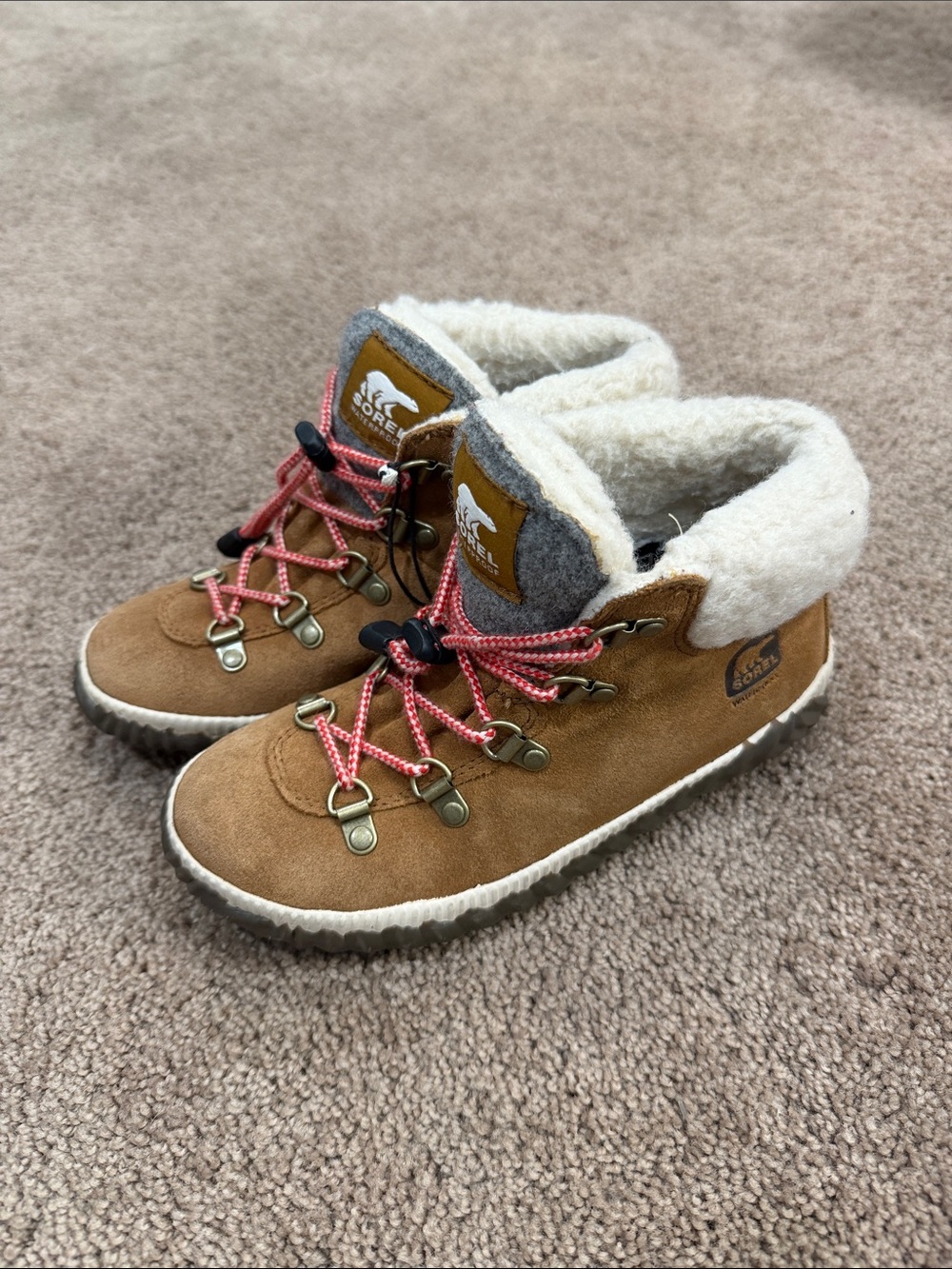 Sorel Kids Tan Suede Winter Ankle Boots with Pink Laces